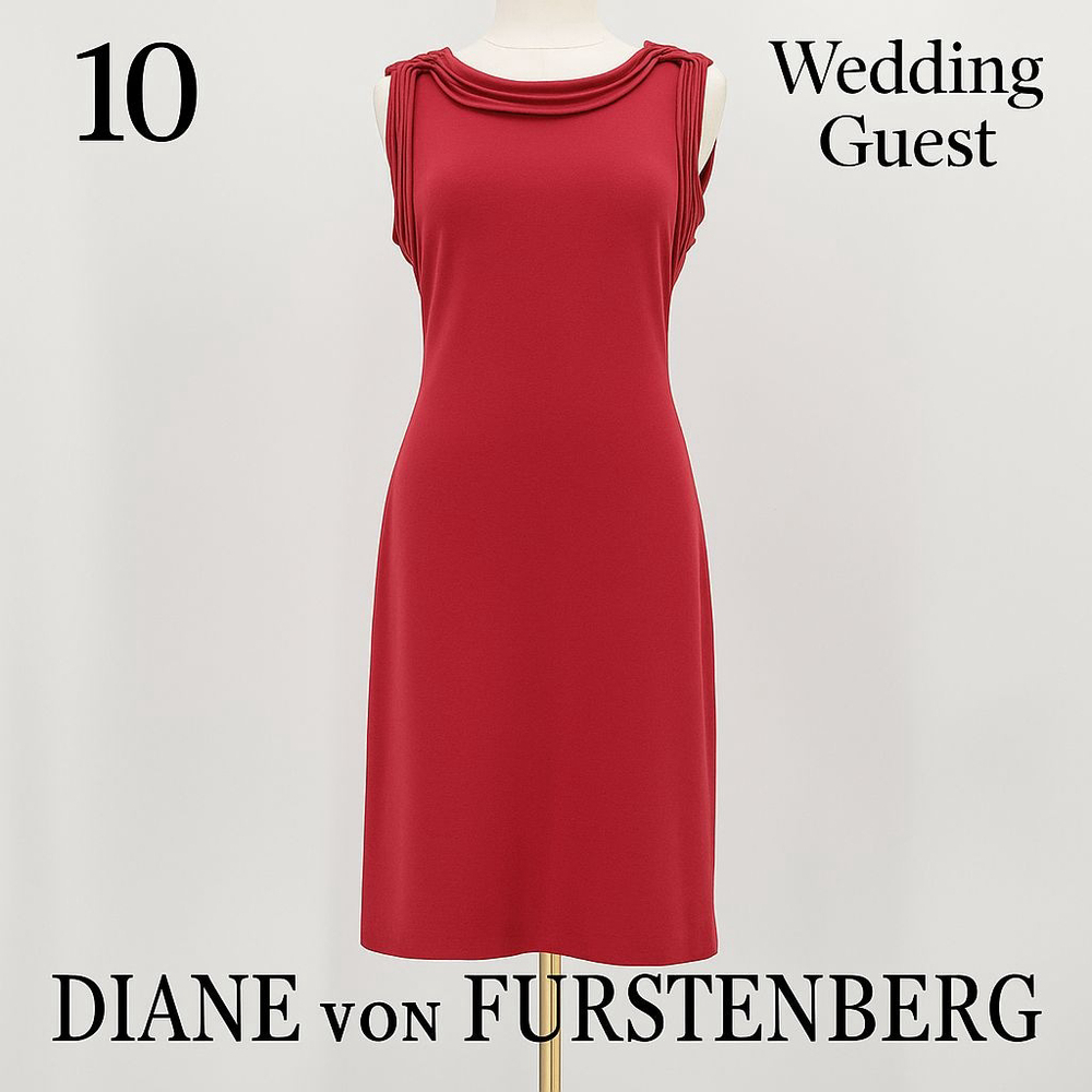 DVF Plateau Bee Red Dress 10 Sleeveless Scoop Neck Cocktail Wedding Guest